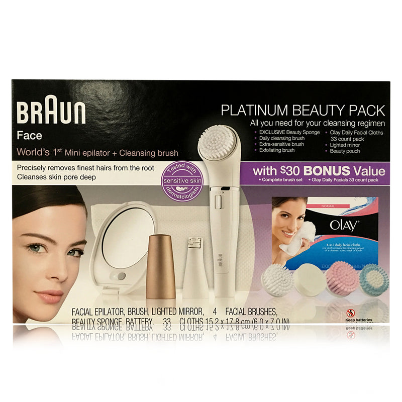 Braun Face Platinum Beauty Pack, 1 Facial Epilator, Beauty Sponge, 4 Facial Brushes, Lighted Mirror and Battery