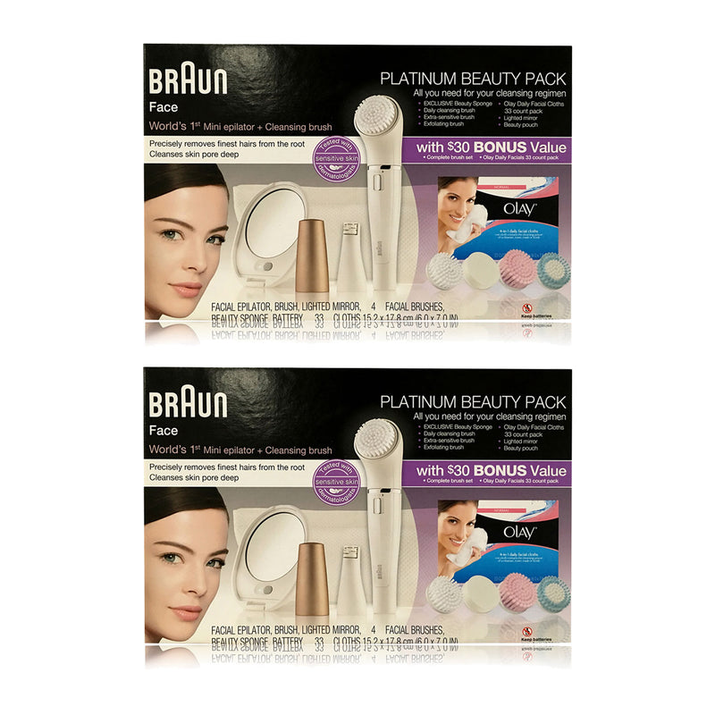 Braun Face Platinum Beauty Pack Facial Epilator Beauty Sponge 4 Facial Brushes, Lighted Mirror