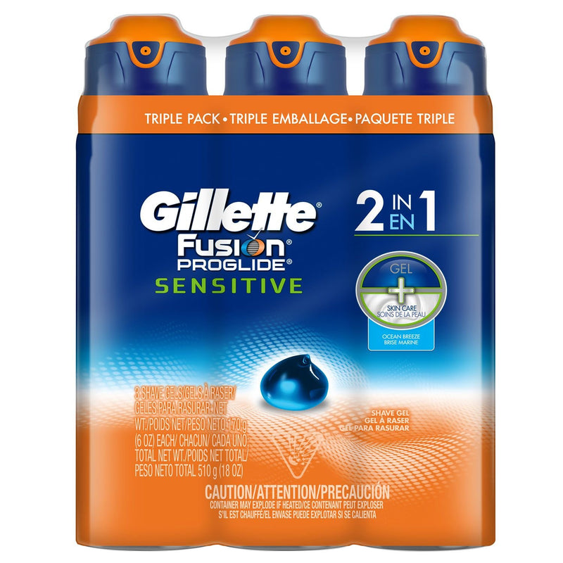 Gilette Fusion Proglide 2 in 1 Shave Gel, Ocean Breeze, 6 Oz, 3 Pack