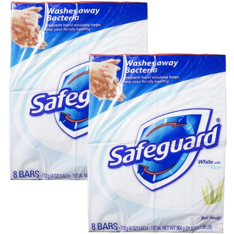 Safeguard Antibacterial Soap, White with Aloe, 4 oz bars, 8 Count (Pack of 2)